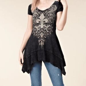 Vocal Grunge Y2K Ribbed Bedazzled Asymmetrical Short Sleeve Burnout Tee